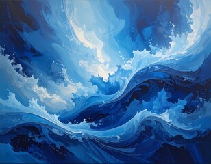Abstract painting of ocean waves in shades of blue and white