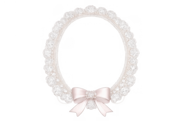 Oval white lace frame with delicate pink ribbon bow, wedding, baby shower, feminine style, transparent background