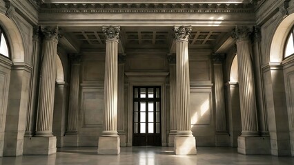 Obraz premium Imposing neoclassical interior features grand fluted columns and high coffered ceiling illuminated by dramatic shafts of sunlight