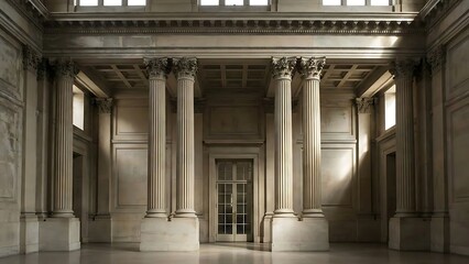 Majestic neoclassical interior hall featuring grand Corinthian columns and a central glass doorway illuminated by natural light