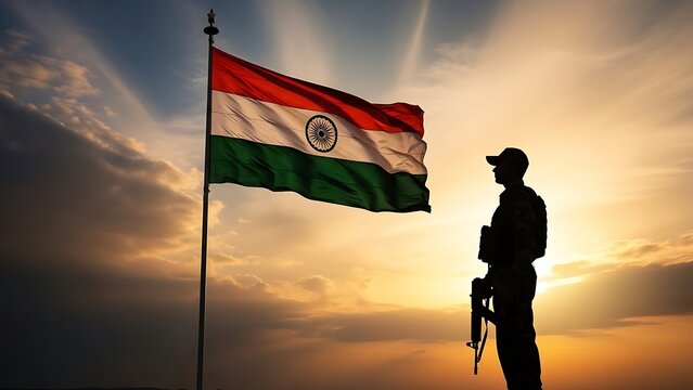 Indian Soldier Silhouette with National Flag at Sunset.