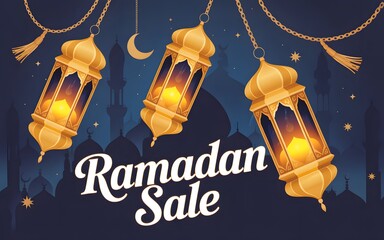 Ramadan Sale Banner Featuring Hanging Gold Lanterns and Mosque Silhouette at Night