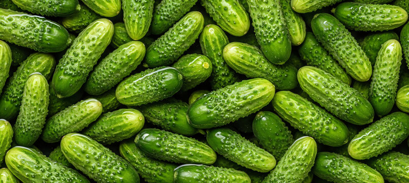 Fresh cucumbers background featuring small green gherkins and pickling cucumbers, banner template showcasing healthy eating concept with natural garden food ingredients.