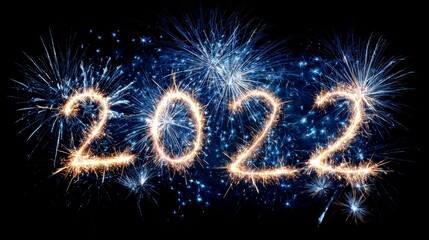 A vibrant image displaying the year "2022" formed by sparkling light, with blue fireworks on a black background, perfect for celebrations