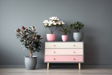 A modern Nordic interior scene is displayed featuring a design commode, layered plant arrangements in hipster pots, gray background walls, and a minimalistic home decor approach focused on balance. 