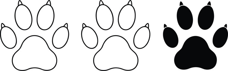 Vector Illustration Set of Animal Paw Prints in Line Art and Black Silhouette Styles Featuring Four Toe Pads and Claw Marks for Wildlife and Pet Branding © Mostafijur