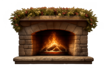 Stone fireplace with lit logs, fireplace decorated with christmas garland, creating cozy winter warmth and festive home comfort