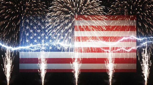 American flag animated with fireworks and lightning display
