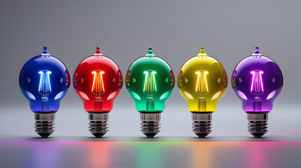 Five identical glass light bulbs in a row, each glowing in vibrant red, blue, green, yellow, and purple, with metal bases, subtle glow effect, shallow depth of field, and neutral background highlighti
