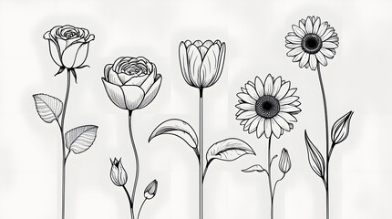 Collection of five hand-drawn flowers including rose, tulip, sunflower, daisy, and lily in minimalist black and white line art style, with bold lines, subtle shading, intricate details, and elegant bo