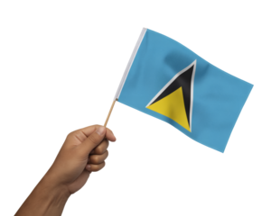 Hand proudly waves the Saint Lucia flag, embodying national pride and cultural celebration, vibrant Caribbean identity