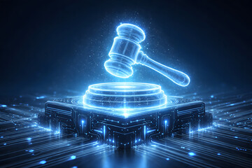 Digital Justice: A glowing blue gavel rests atop a digital platform, symbolizing the evolution of law and order in the digital age.