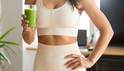 Healthy green smoothie glass diet detox nutrition wellness organic woman holding drink after workout smiling in bright kitchen