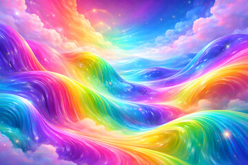 Rainbow River Landscape: A vibrant scene, painted with a spectrum of colors, where a flowing river of rainbows meets a dreamlike sky, evoking feelings of fantasy and wonder.