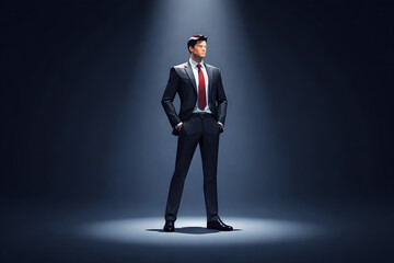 Confident Leader in Spotlight: A determined businessperson stands confidently in the spotlight, emanating professionalism, strength, and unwavering vision.