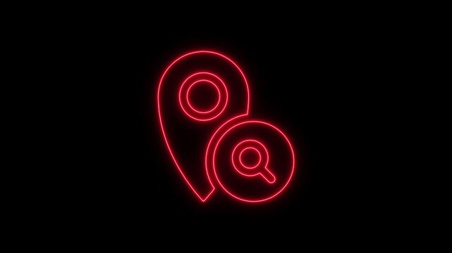 Neon map pin and magnifying glass glowing red on black background for navigation search concept glowing red magnifying glass