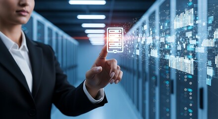 A businesswoman interacts with a digital interface displaying data within a modern server room environment showing technology integration