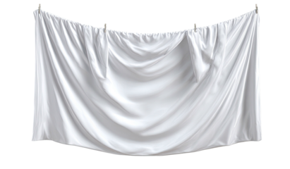 White cloth, hanging from a clothesline by pins, draped with folds