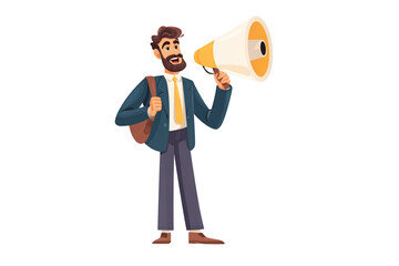 Fototapeta premium Cartoon man with beard holding a megaphone wearing a suit and tie with a bag over his shoulder