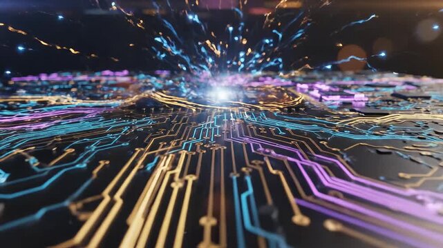 Closeup of a circuit board with glowing elements