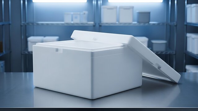 White Styrofoam Cooler Box with Open Lid on a Metal Table in a Laboratory Setting.