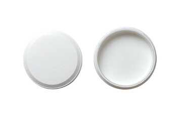 Two white, round containers, one with lid, against black