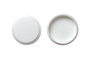 Two white, round containers, one with lid, against black