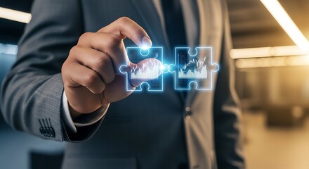 A businessman connects glowing puzzle pieces representing data analysis strategy and successful business solutions in a modern office