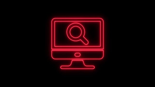 Neon Red Computer Monitor with Magnifying Glass Search Symbol on Black Background for Technology and Internet Concepts
