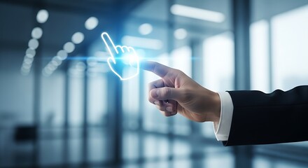 A hand interacting with a glowing digital interface element in a modern blurred office setting