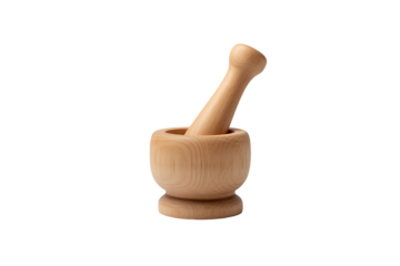 Empty wooden mortar and pestle set for grinding spices and crushing herbs in traditional cooking preparation isolated on transparent background