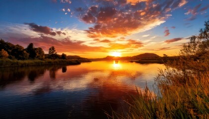 Obraz premium Vibrant Sunset Reflection on Serene Lake