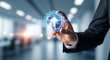 A businessman interacting with a glowing holographic upward arrow and gear interface symbolizing progress and technological innovation