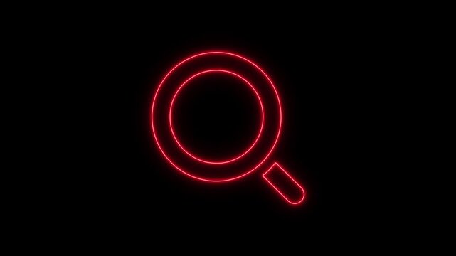 Neon Red Magnifying Glass on Black Background Search Symbol Glowing Red Line