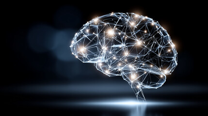Glowing digital brain made of data nodes and connections on dark background, future technology and innovation concept, abstract science visualization, clean composition with copy s