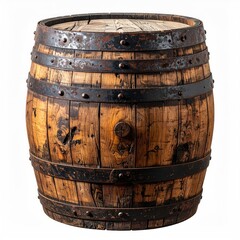 Obraz premium An aged wooden barrel with metal bands, top, and aged wood texture
