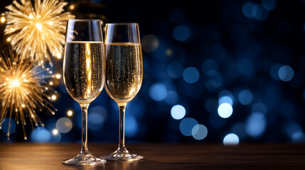 Celebratory New Year scene with two elegant champagne flutes filled with sparkling wine, clinking glasses in the foreground, golden fireworks exploding in the night sky, soft blue