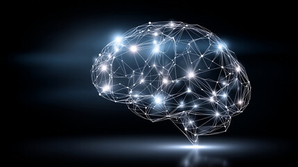 Glowing digital brain made of data nodes and connections on dark background, future technology and innovation concept, abstract science visualization, clean composition with copy s