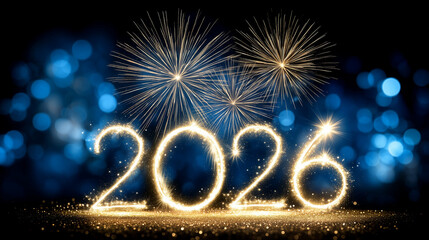 Festive New Year celebration background with glowing golden light shapes forming numbers, bright fireworks exploding in the night sky, deep blue bokeh background, sparkling particl