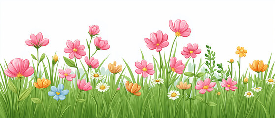 Blooming Meadow A vibrant illustration showcasing an array of colorful wildflowers flourishing amidst lush green grass, evoking the essence of spring and natural beauty.