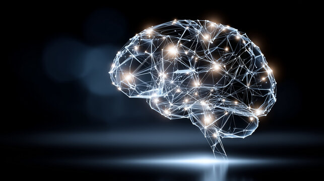 Glowing digital brain made of data nodes and connections on dark background, future technology and innovation concept, abstract science visualization, clean composition with copy s - Powered by Adobe