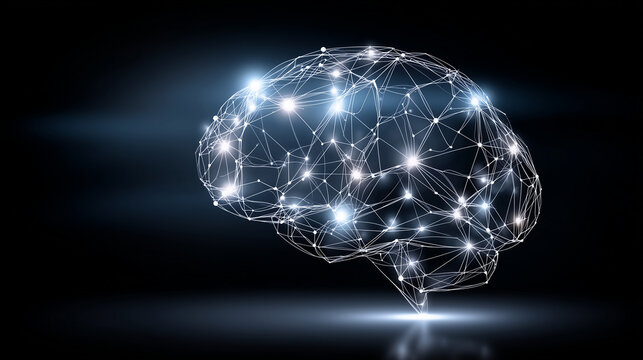 Glowing digital brain made of data nodes and connections on dark background, future technology and innovation concept, abstract science visualization, clean composition with copy s - Powered by Adobe