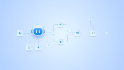 AI workflow automation artificial intelligence. ai agent network diagram connecting node input, processing step, ai model and process flow.