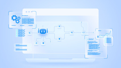 AI workflow automation artificial intelligence. ai agent workflow diagram dashboard machine learning showing node input, processing step, ai model and process flow.