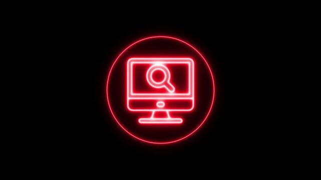 Neon Red Computer Monitor with Magnifying Glass Search Symbol on Black Background for Technology and Business Concepts