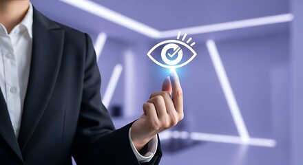 A businesswoman interacting with a glowing digital eye icon representing security and data privacy concepts