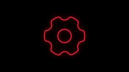 Red neon glowing gear shape on black background technology symbol