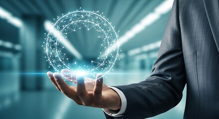 A person holding a glowing digital network of connected nodes representing future technology and data interaction