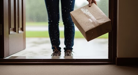 Person standing at an open door, holding a wet cardboard parcel, with rain droplets visible on the package, illustrating the concept of home delivery and courier services in adverse weather conditions