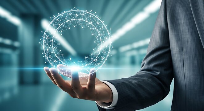 A person holding a glowing digital network of connected nodes representing future technology and data interaction - Powered by Adobe